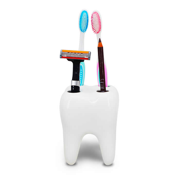 White Ceramic Tooth Shaped Toothbrush Holder Stand 